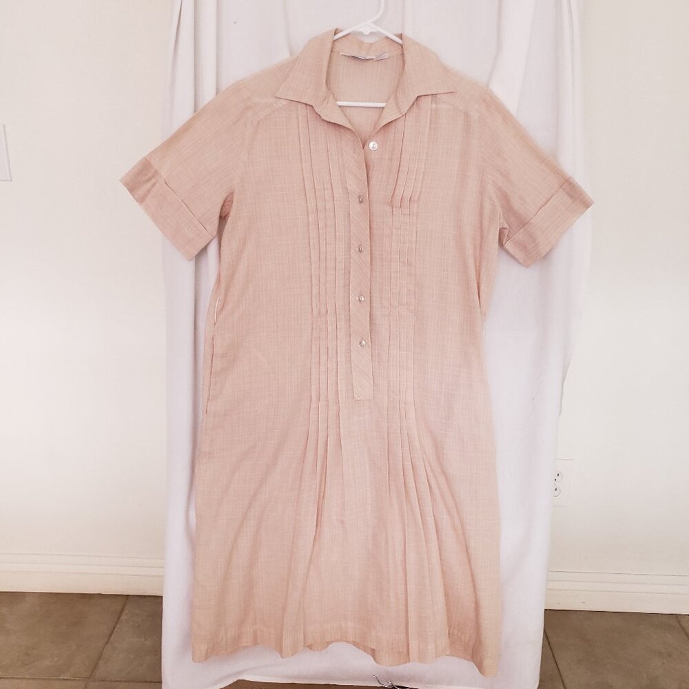 Vintage Sears Fashion Beige Striped Short Sleeve Pockets Short Dress Size 18 1/2